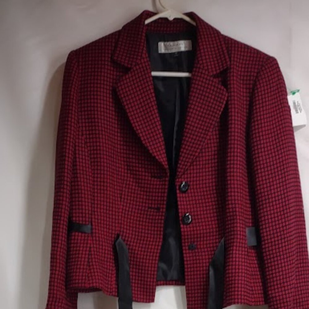 TAHARI ARTHUR S. LEVINE RED AND BLACK TWEED STYLE BLAZER RIBBON TIE AT WAIST 12